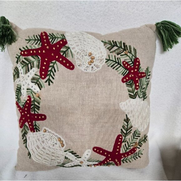Coastal-Themed Embroidered Linen Throw Pillow with Tassels & Shell Design - Picture 1 of 10